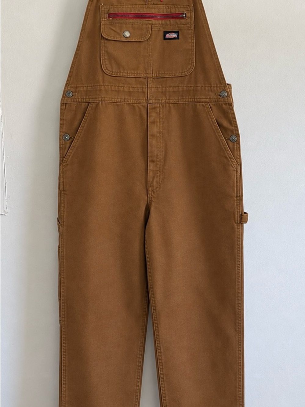 Dickies Brown Carpenter Bib Overalls with Red Zip Accent